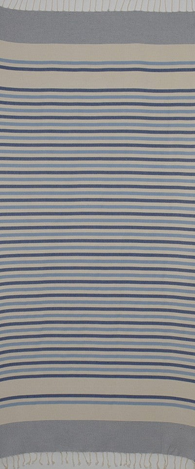 Fouta Chevron blanc crème, bleu ciel et bleu foncé 