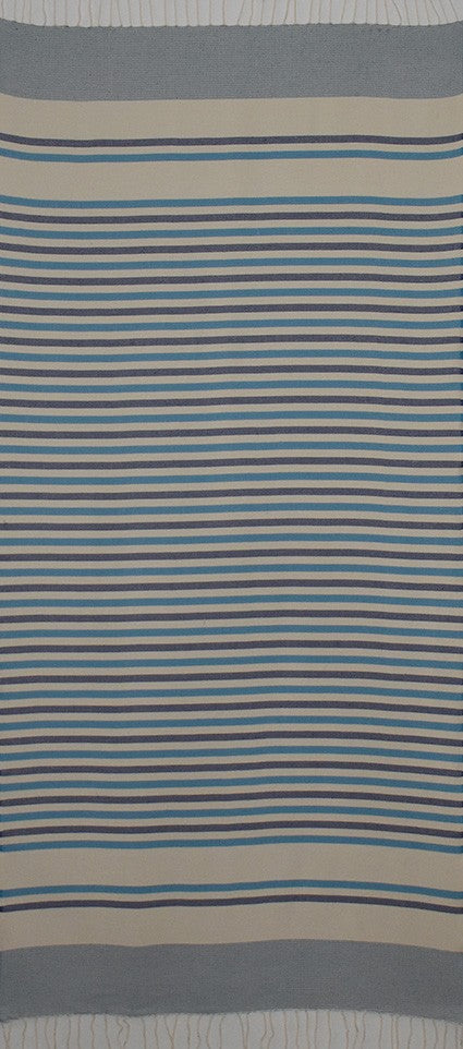 Fouta Chevron blanc crème, bleu azur et bleu foncé 