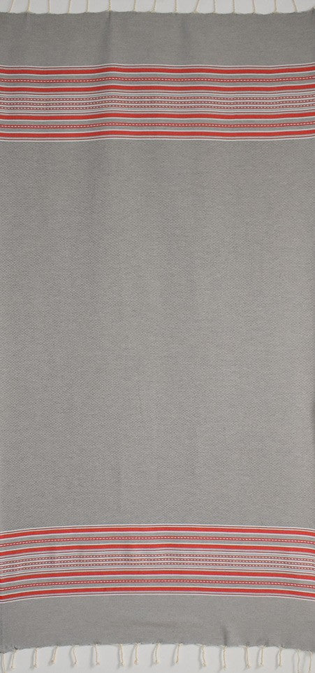 Fouta arabesque gris clair avec rayures rouge 