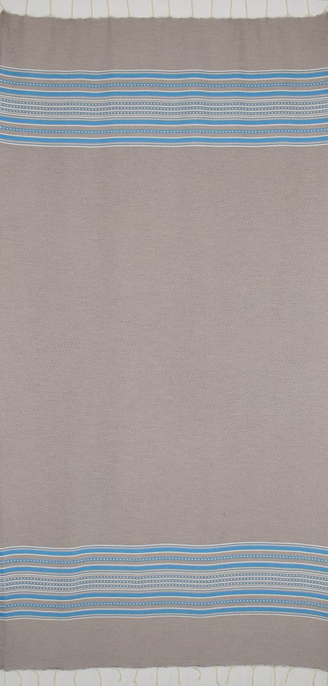 Fouta arabesque taupe clair avec rayures bleu 