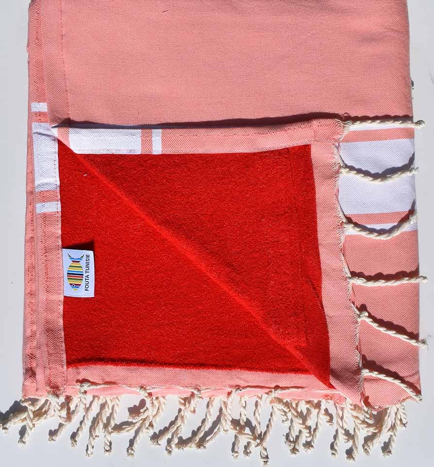 fouta doublée éponge saumon et rouge 