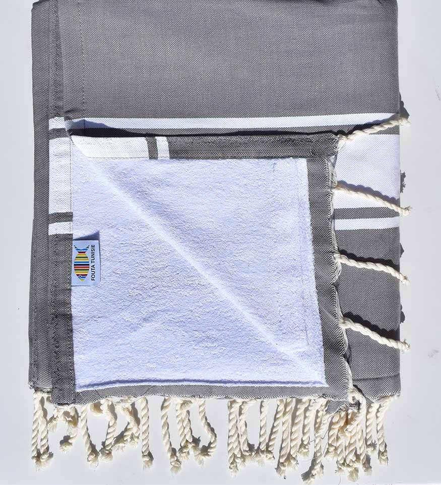 fouta doublée éponge gris plomb et blanc 