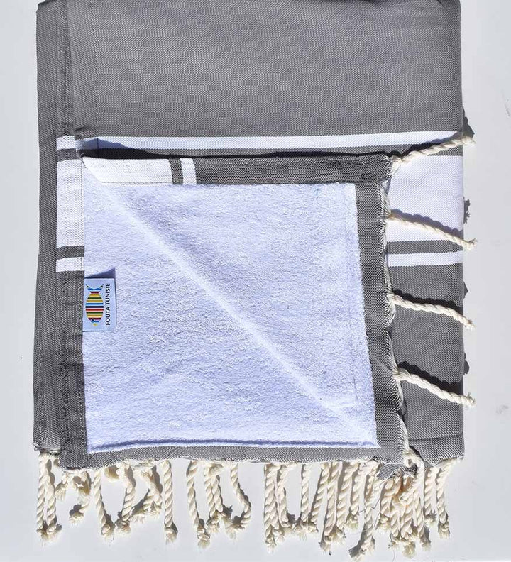 fouta doublée éponge gris plomb et blanc 