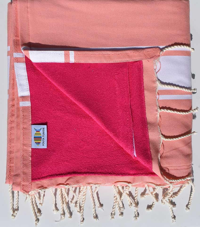 fouta doublée éponge saumon et rose fushia 