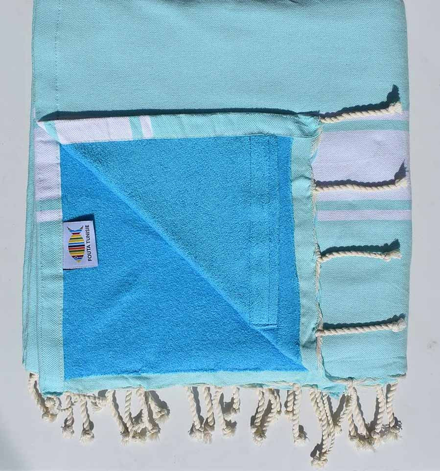 fouta doublée éponge bleu aigue marine et céléste 