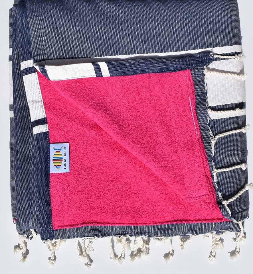 fouta doublée éponge bleu jean et rose fushia 