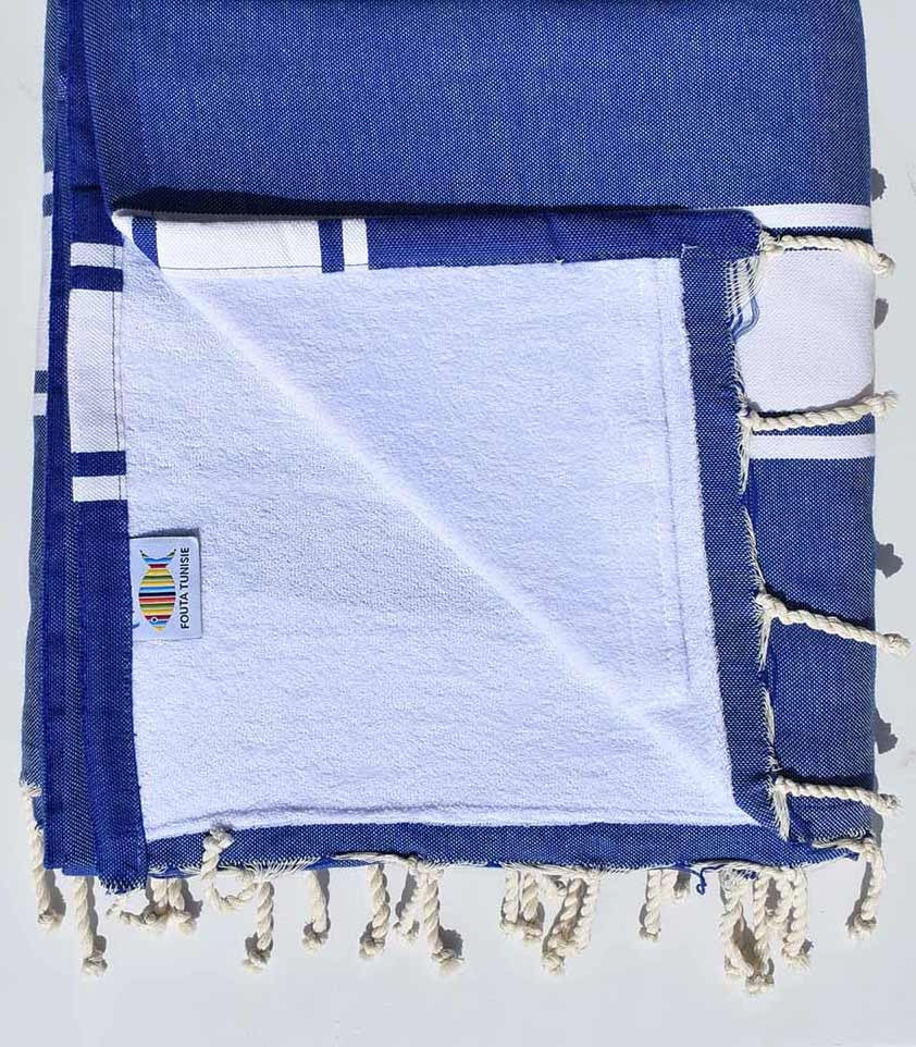 fouta doublée éponge bleu roi et blanc 
