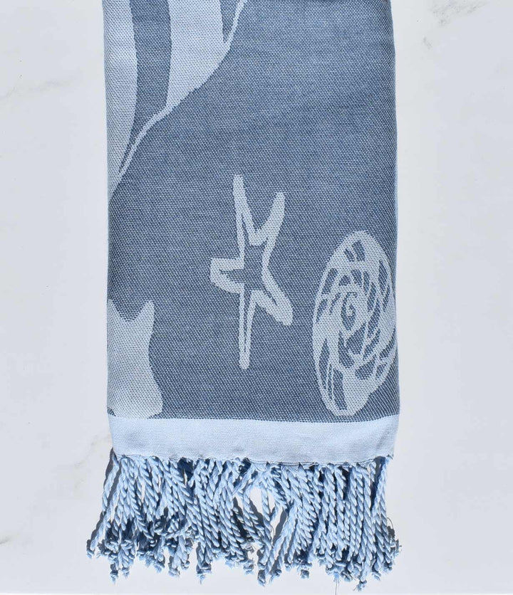 Fouta jacquard étoile de mer bleu guède et bleu dragée 