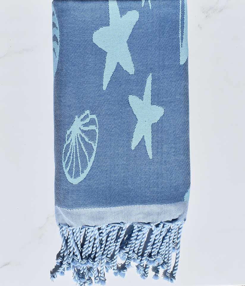 Fouta jacquard étoile de mer bleu bleuet et bleu ciel clair 