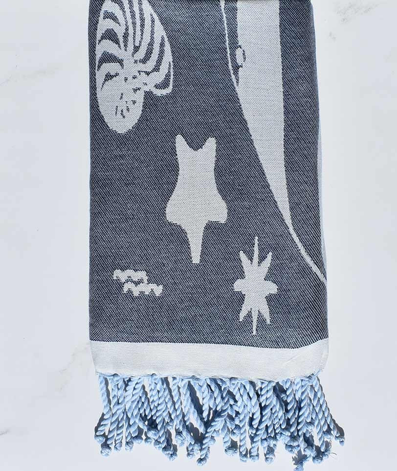 Fouta jacquard étoile de mer bleu marine et bleu fumé 