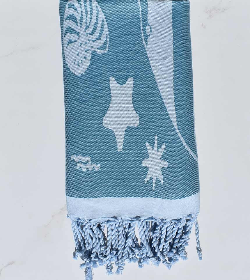 Fouta jacquard étoile de mer bleu canard et bleu azurin 