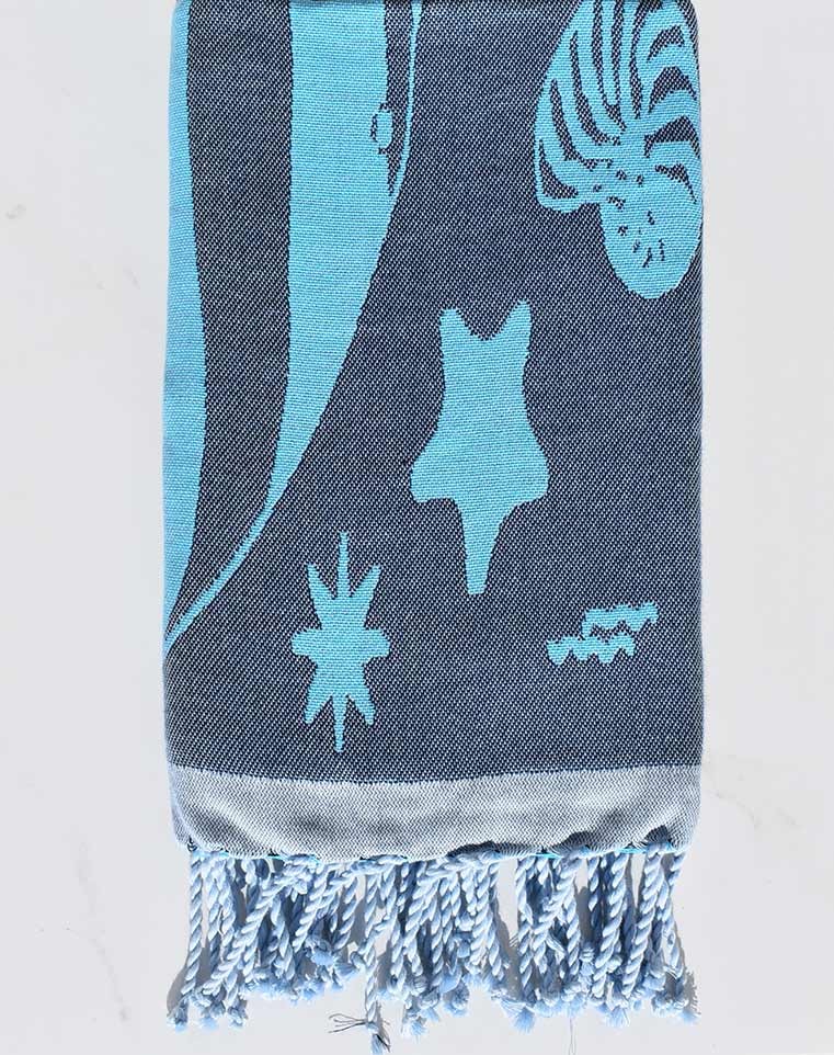 Fouta jacquard étoile de mer bleu minuit et bleu azur clair 