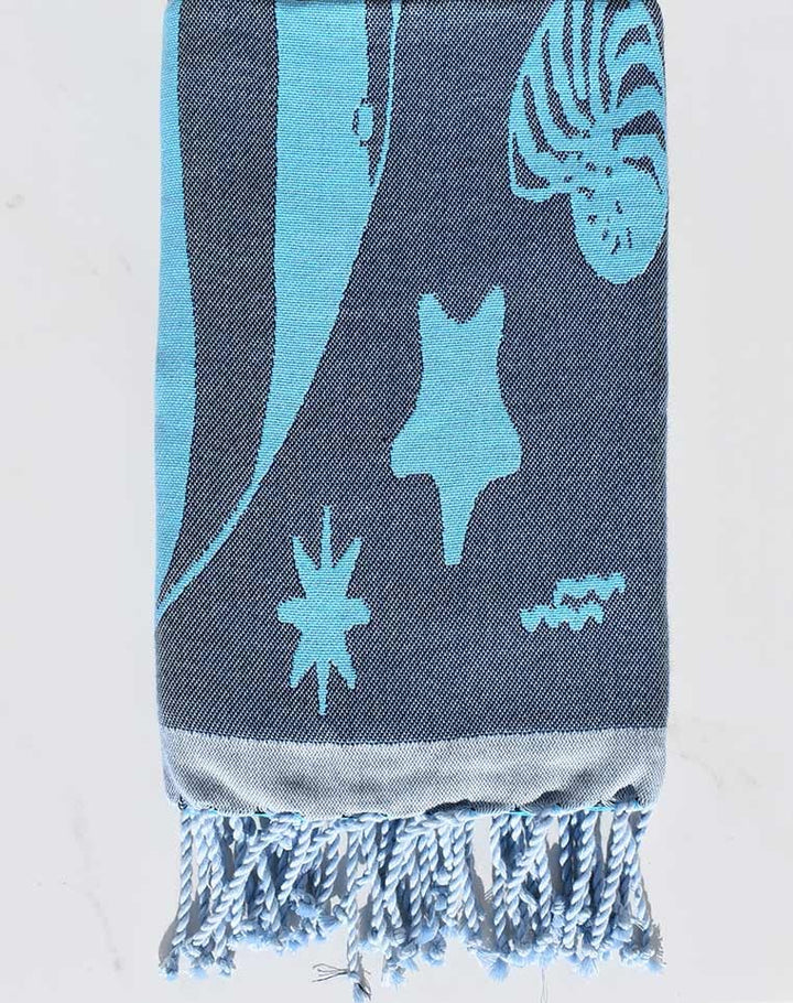 Fouta jacquard étoile de mer bleu minuit et bleu azur clair 