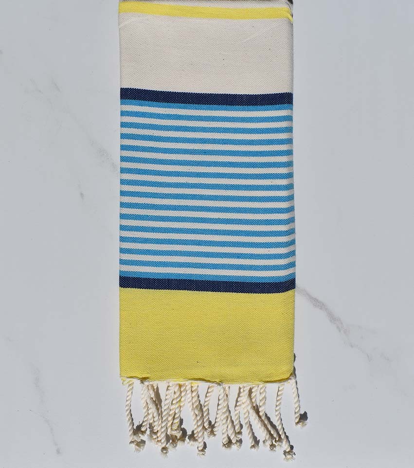 fouta  enfants bleu, bleu jean foncé, jaune et blanc cassé 