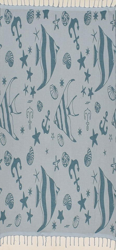 Fouta jacquard étoile de mer bleu canard et bleu azurin 