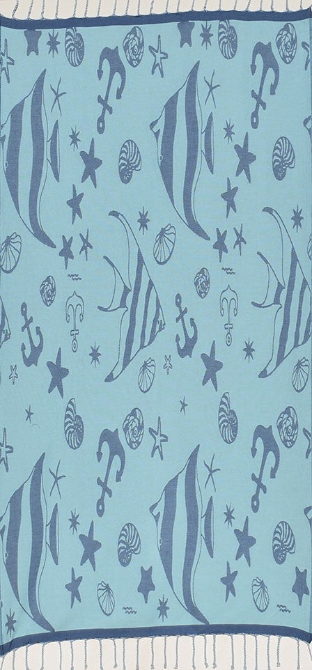 Fouta jacquard étoile de mer bleu bleuet et bleu ciel clair 