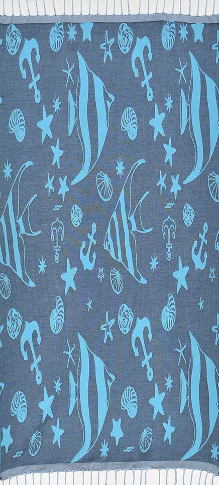 Fouta jacquard étoile de mer bleu minuit et bleu azur clair 