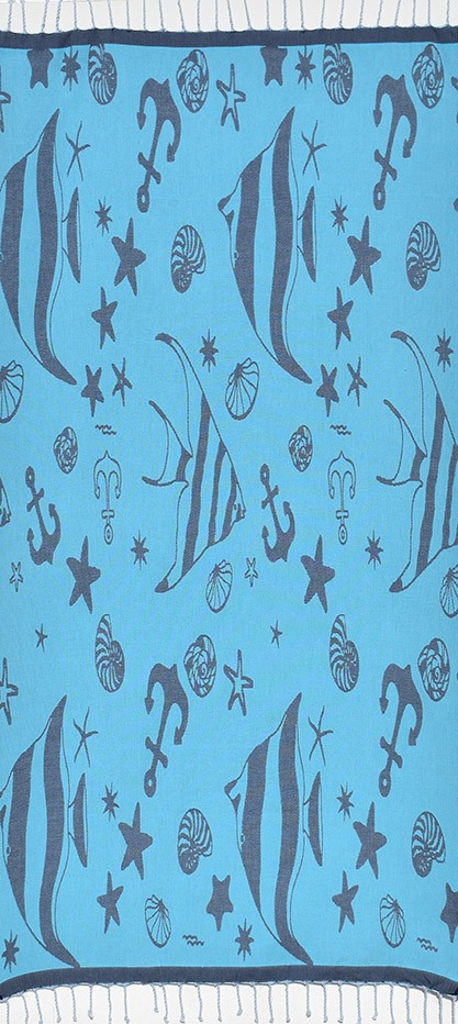 Fouta jacquard étoile de mer bleu minuit et bleu azur clair 