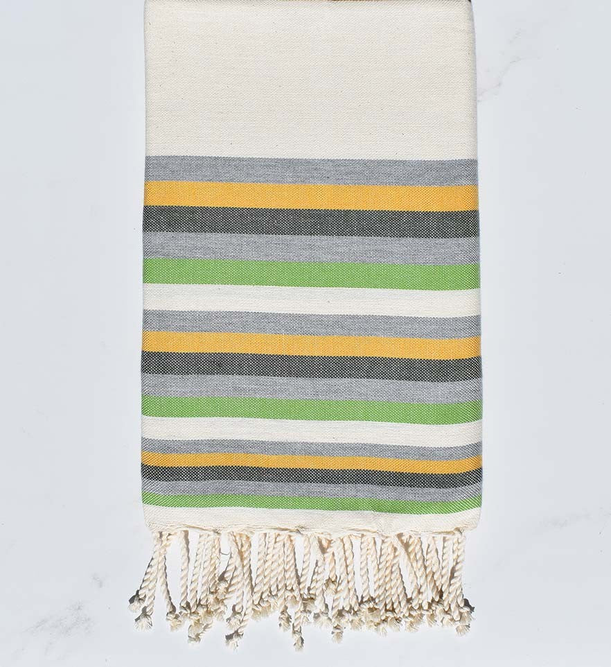 Fouta Plate blanc crème, gris, jaune, vert militaire et  vert clair 