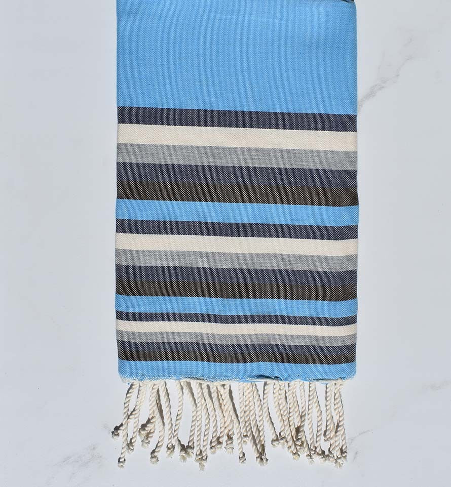 Fouta Plate bleu clair, bleu nuit, blanc, gris et marron 