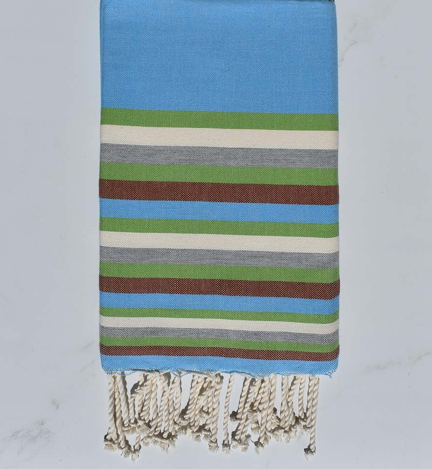 Fouta Plate bleu clair, vert, blanc, gris et marron 