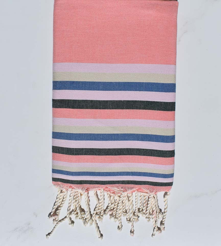 Fouta Plate rose incarnadin,rose clair,beige,bleu et vert 