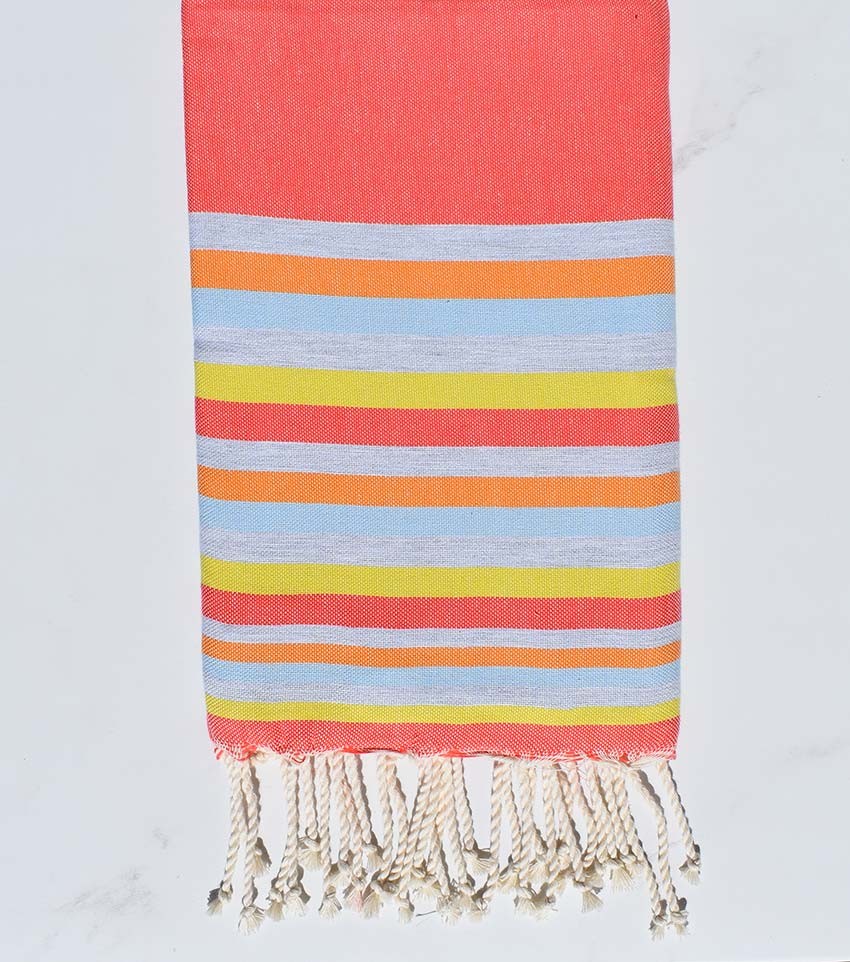 Fouta Plate nacarat clair,gris,chair,bleu ciel et jaune 