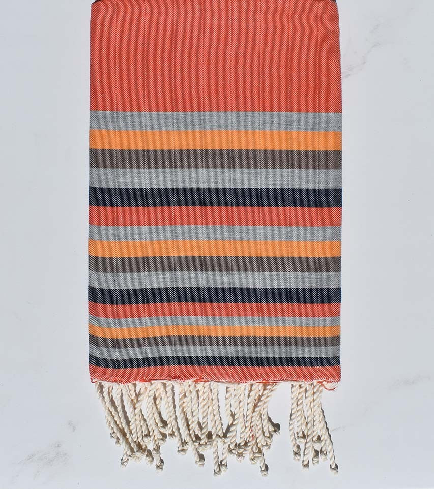 Fouta Plate orange,gris foncé,chair,marron et bleu 