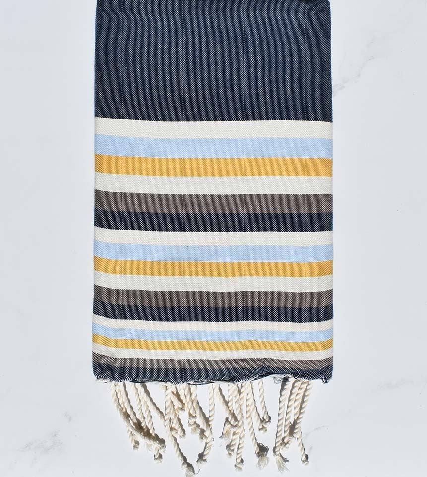 Fouta plate bleu denim,blanc crème, bleu clair, jaune et marron 