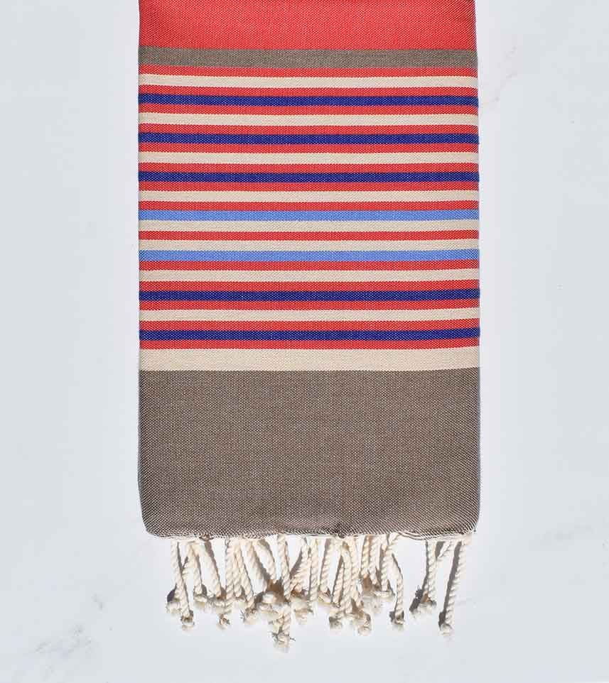 Fouta plate rouge,bisque,beige,bleu et bleu clair 