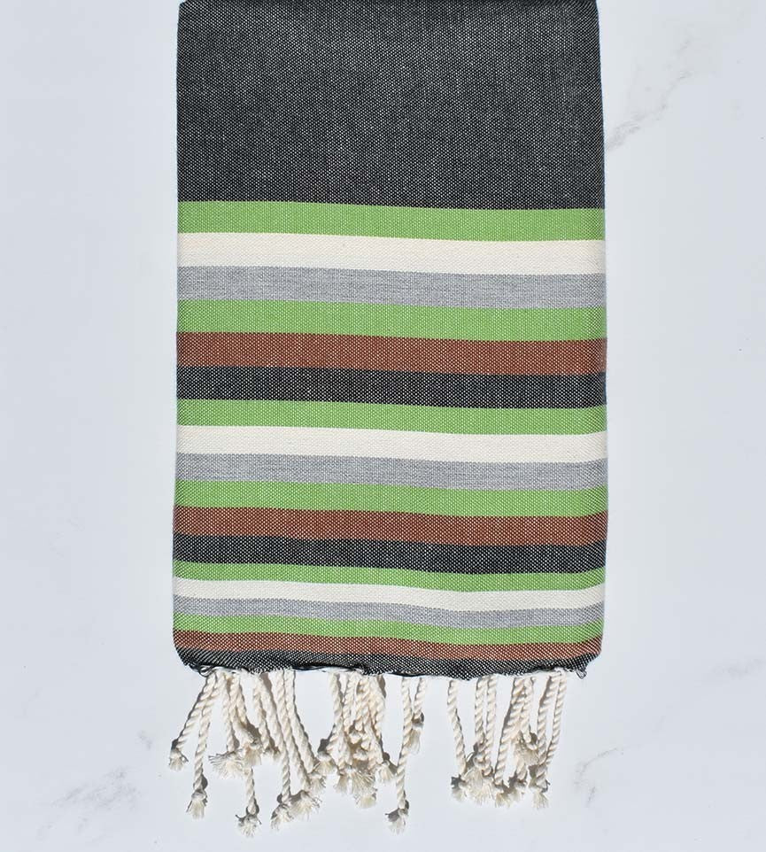 Fouta plate gris ardoise, vert, blanc, gris clair et marron 