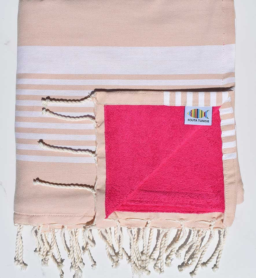 fouta arthur doublée éponge beige rosé et  fushia 
