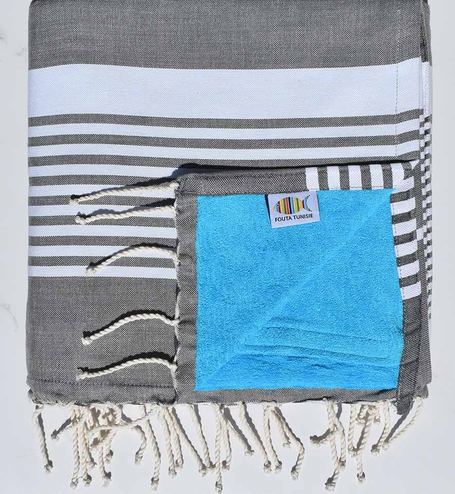 fouta arthur doublée éponge gris foncé  et céléste 