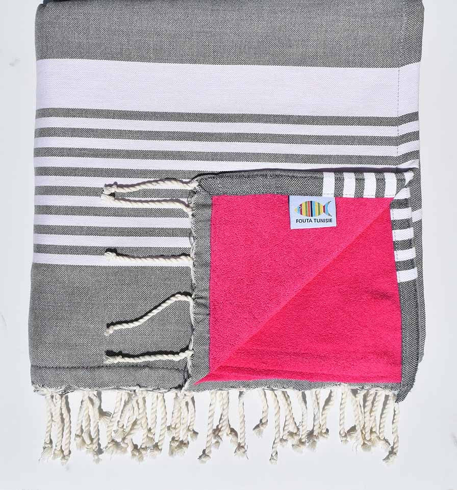 fouta arthur doublée éponge gris foncé  et fushia 