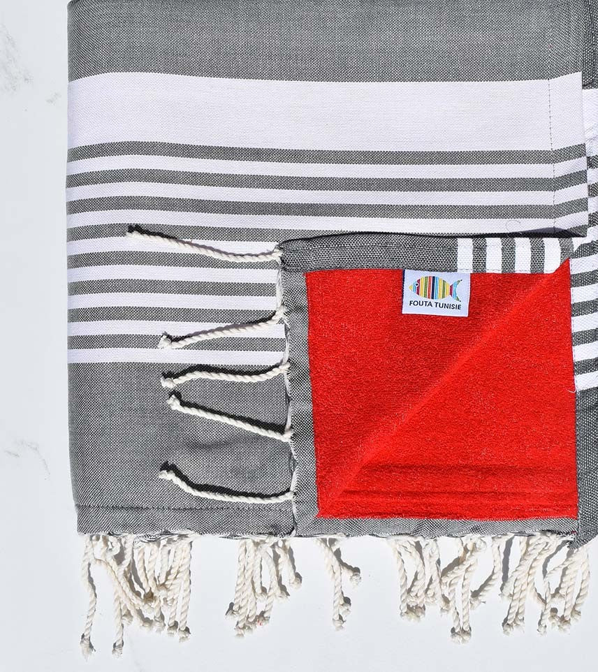 fouta arthur doublée éponge gris foncé et rouge 