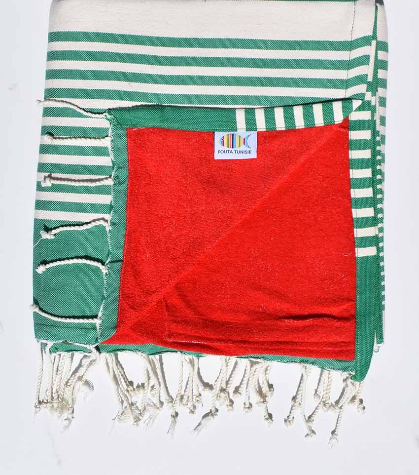 fouta doublée éponge vert foncé, rouge 