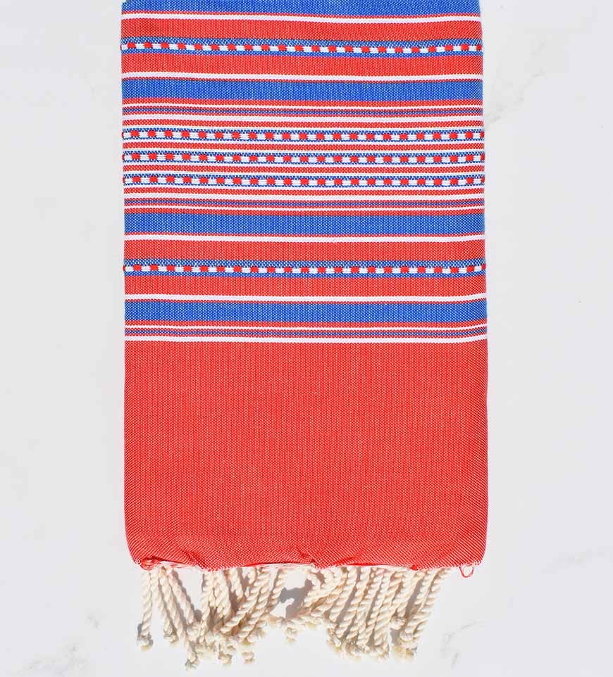 Fouta arabesque rouge rayée bleu 
