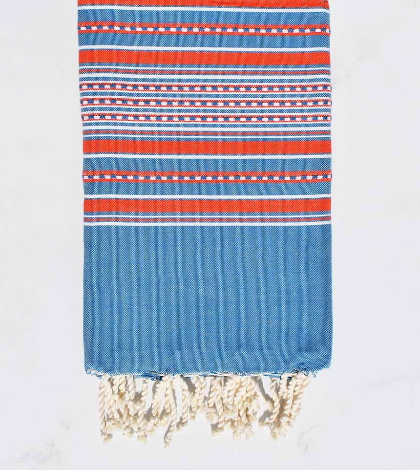 Fouta arabesque bleu denim rayée rouge 