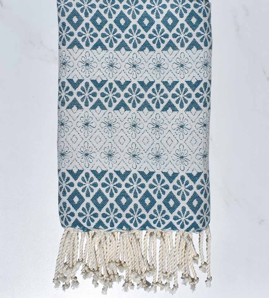 Fouta fleuri bleu canard 
