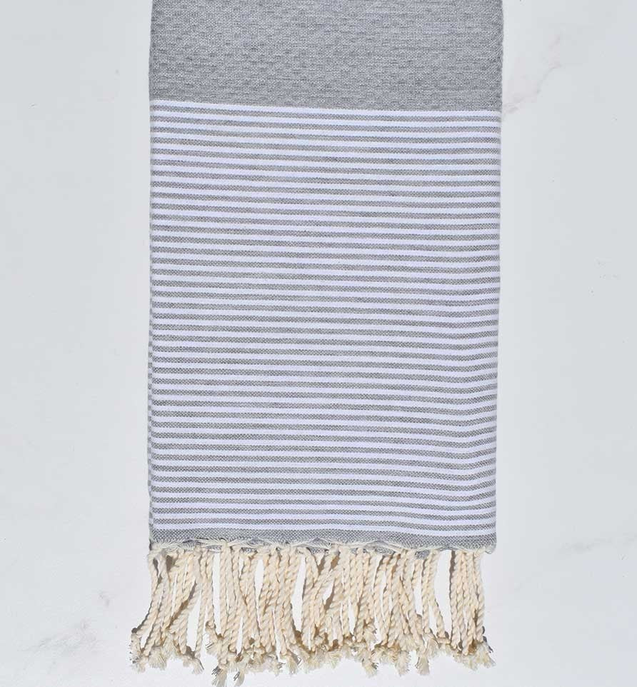 Fouta nid d'abeille gris lin rayée blanc 