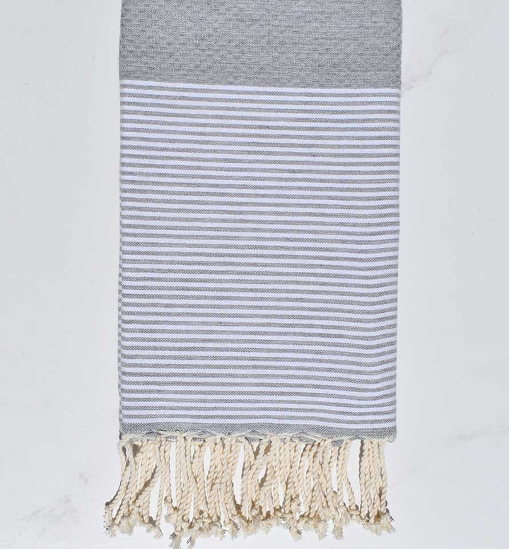 Fouta nid d'abeille gris lin rayée blanc 