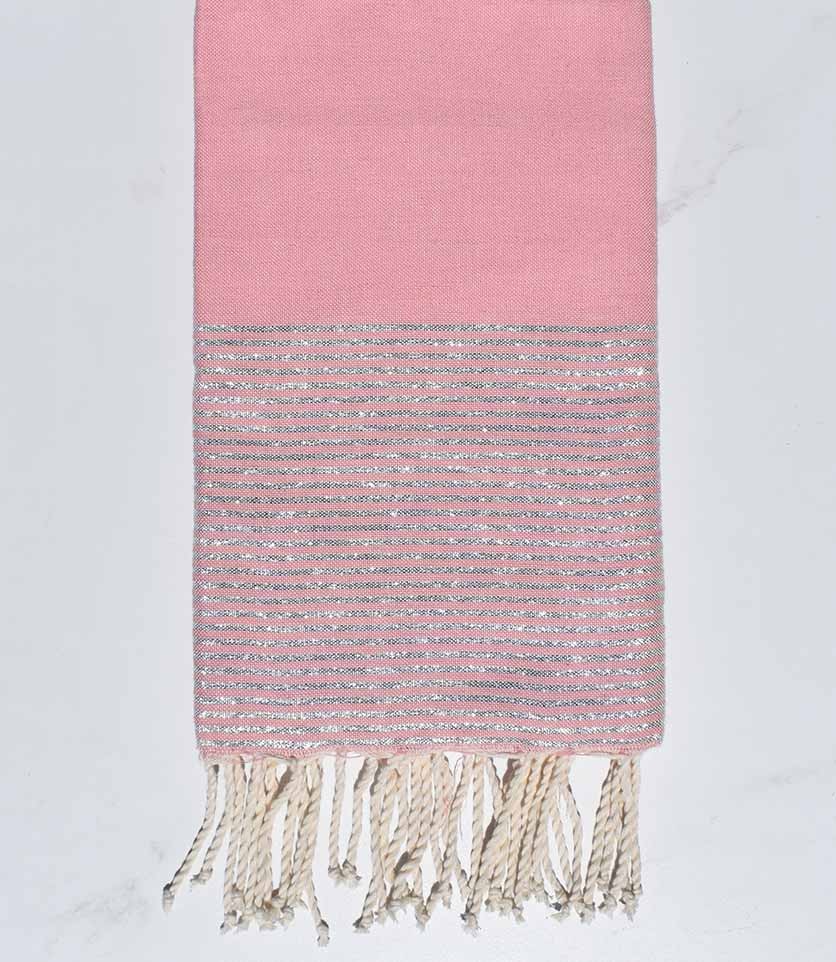 Fouta plate Rose poudre au fil lurex argenté  - 1