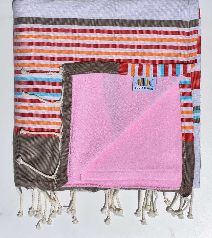 fouta doublée éponge rose clair ,rouge, beige ,gris,orange et bleu  - 1