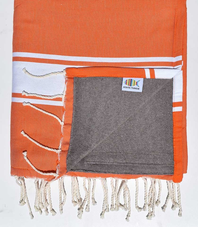 Fouta doublée éponge orangé et taupe  - 2