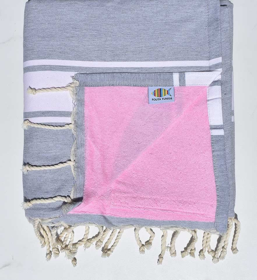 Fouta doublée éponge gris clair et rose Fouta Tunisia - 1