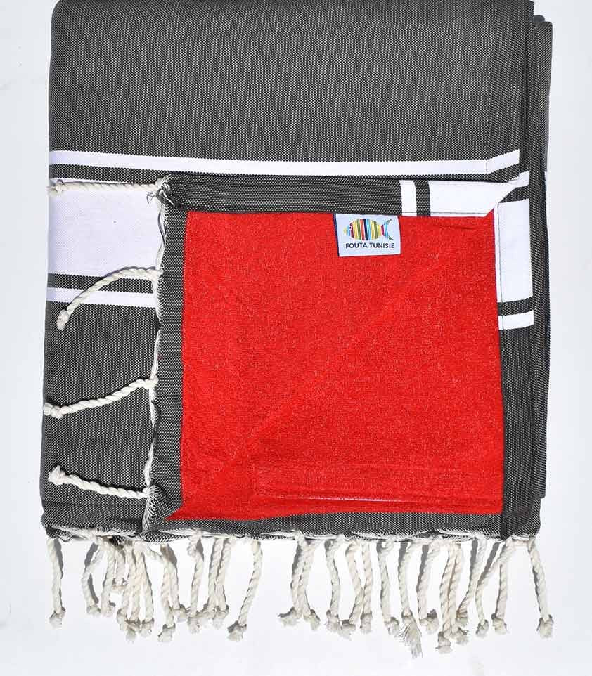 Fouta doublée éponge gris foncé et rouge  - 1