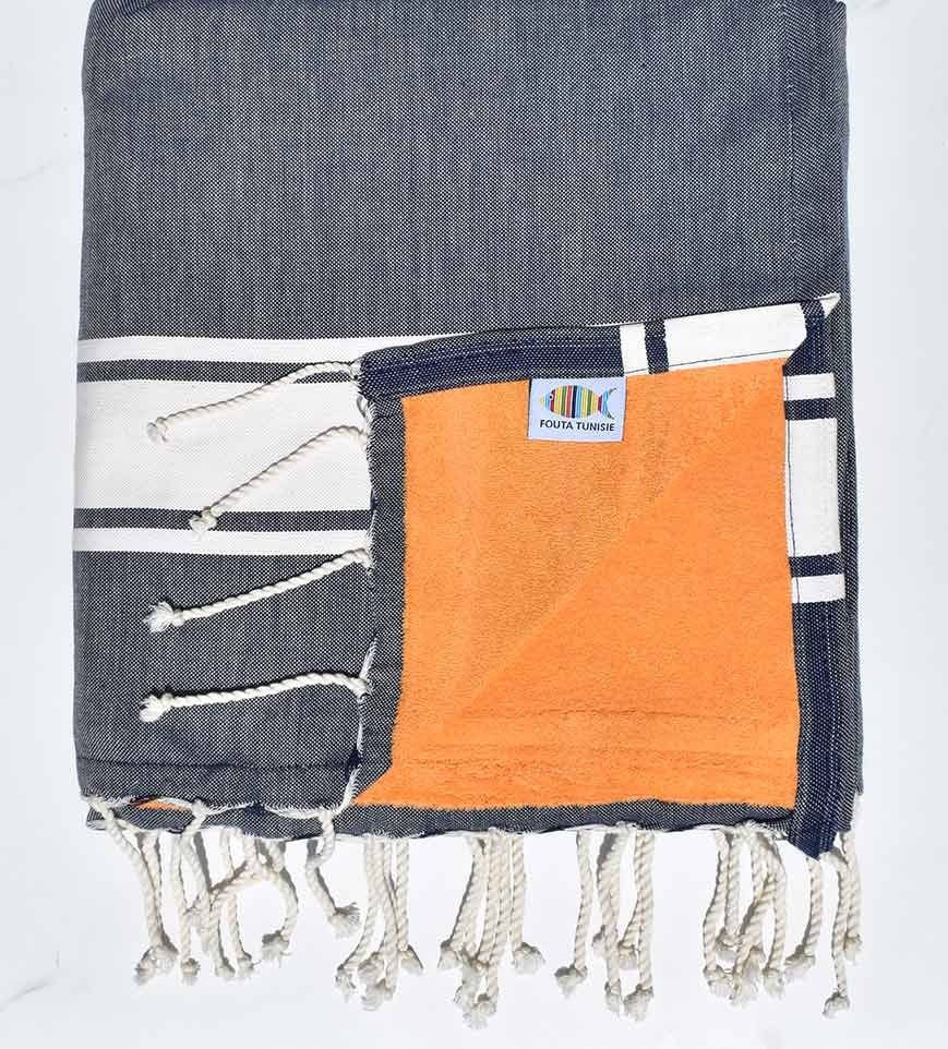 Fouta doublée éponge bleu Jean et couleur abricot  - 1