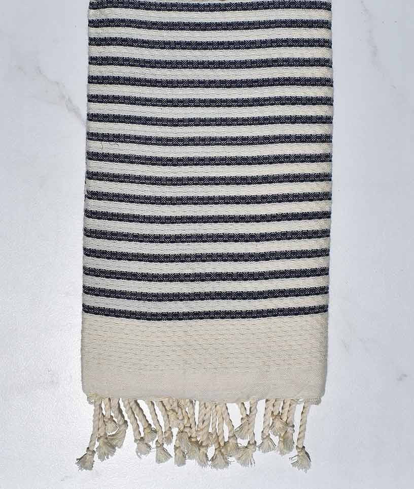 FOUTA nid d'abeille rayée 1 cm rayure bleu foncé Fouta Tunisia - 1