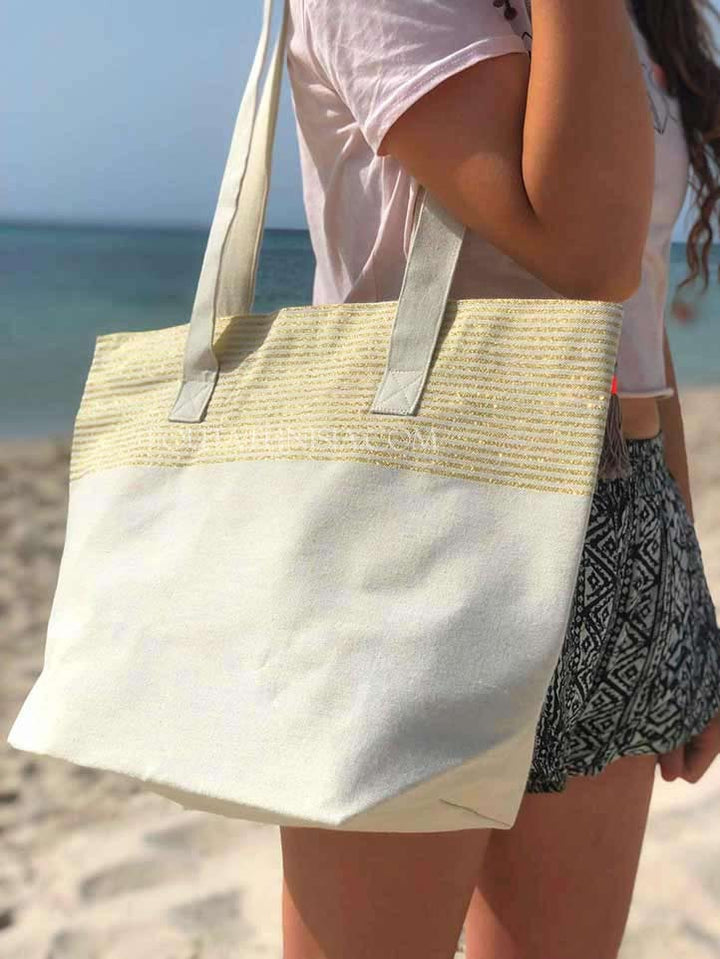 Sac de plage fouta écru avec lurex doré Fouta Tunisia - 1