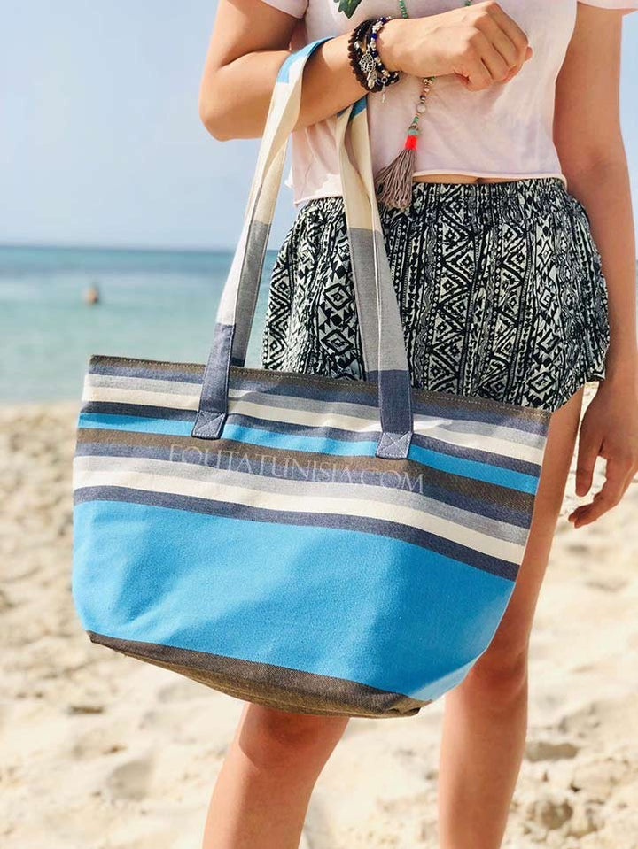 Sac de plage fouta 5 couleurs bleu ciel, blanc, gris, marron et bleu jean Fouta Tunisia - 2